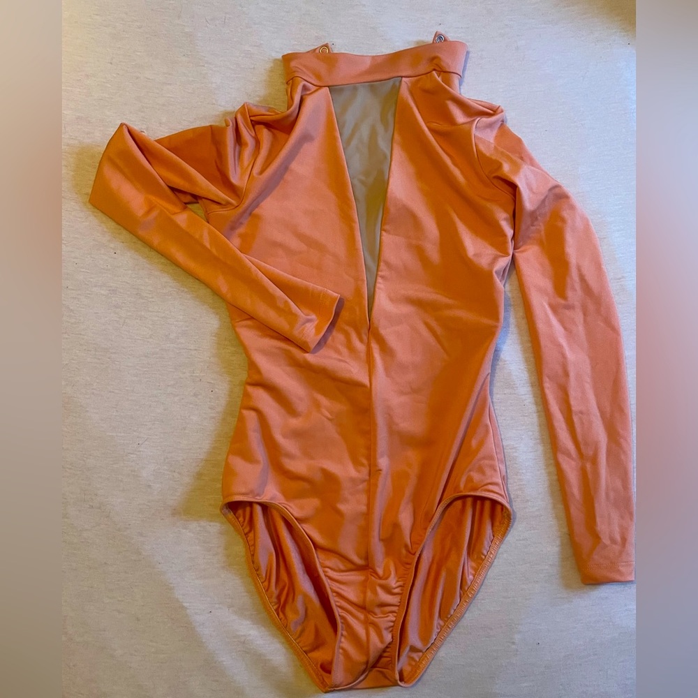 Coral Mariia Long Sleeve Leotard with Mesh V Neck (Adult Medium)